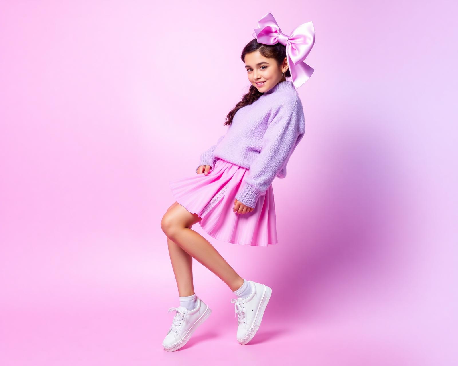 Lauren's Fashions hero — pink bow, lavender sweater, pleated skirt